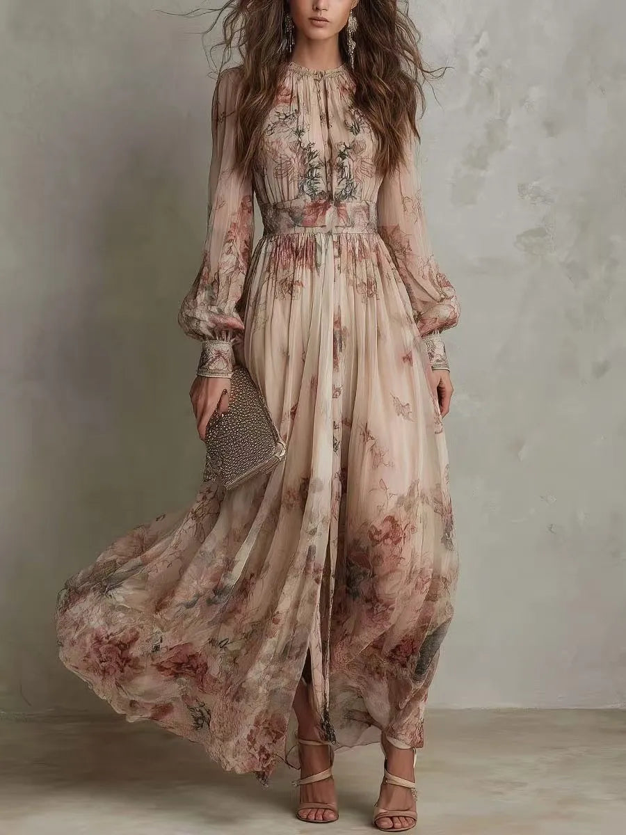Rosalind™ | Vintage Floral Pleated Maxi Dress