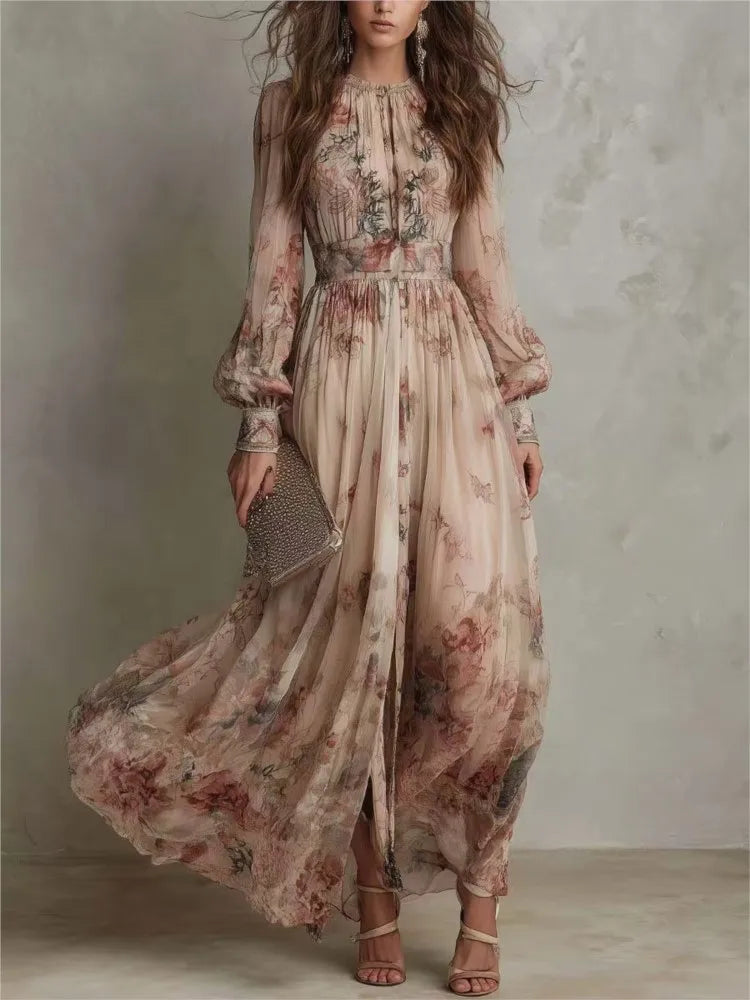 Rosalind™ | Vintage Floral Pleated Maxi Dress