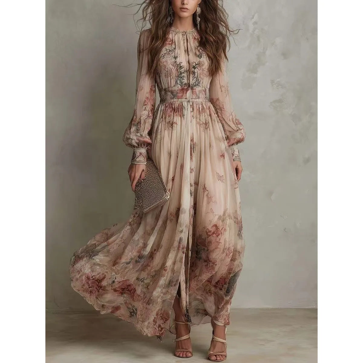 Rosalind™ | Vintage Floral Pleated Maxi Dress