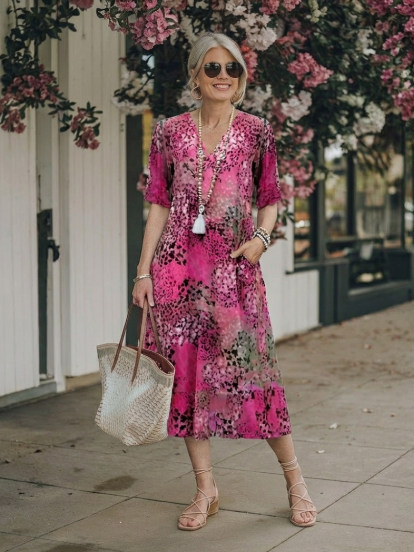 Mariselle | Short Sleeve V Neck Printed Midi Dress