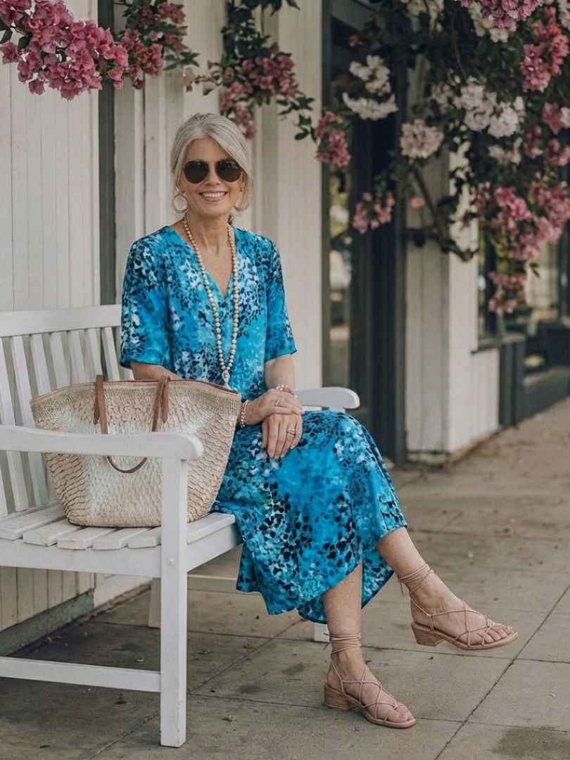 Mariselle | Short Sleeve V Neck Printed Midi Dress