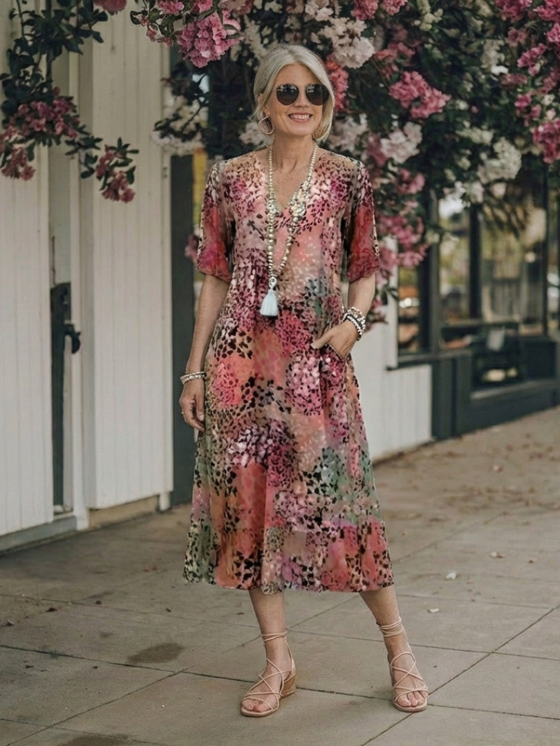 Mariselle | Short Sleeve V Neck Printed Midi Dress