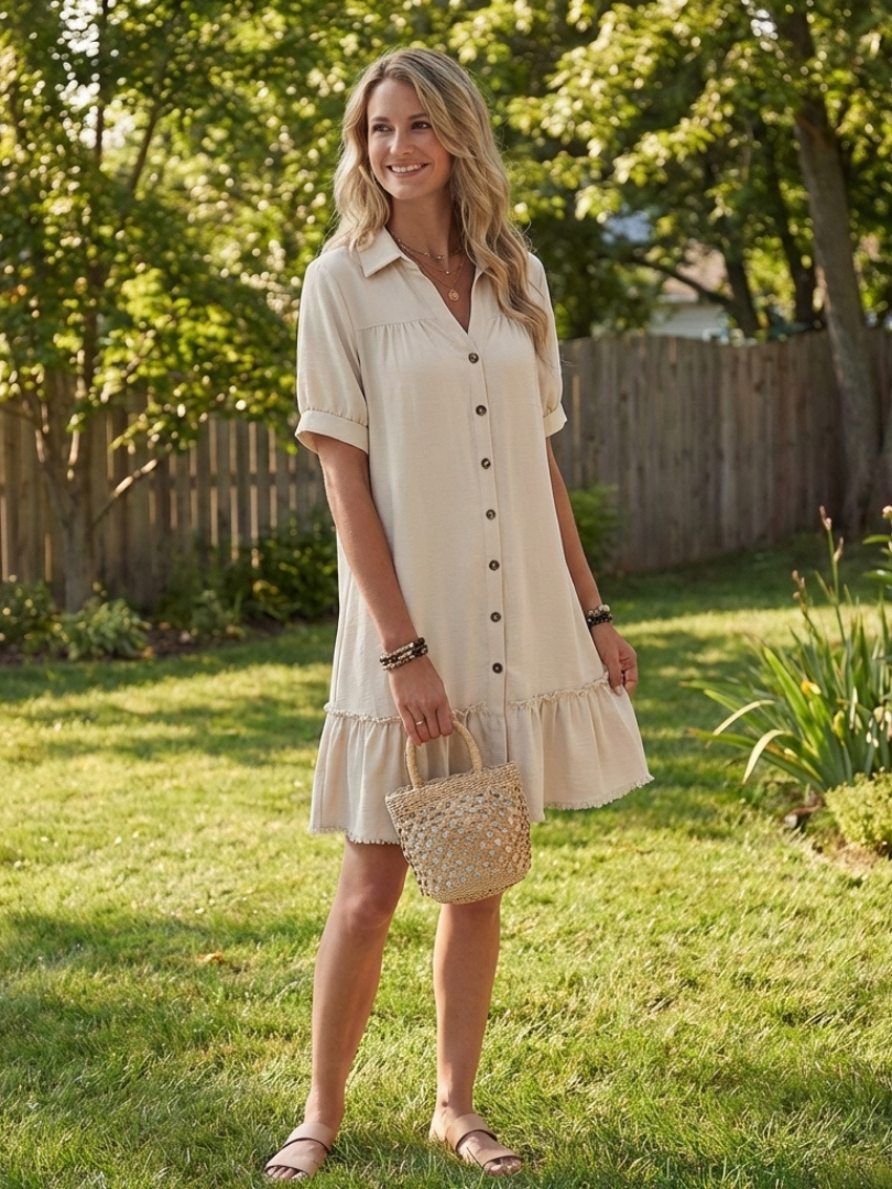 Marielle | Short Sleeve Button Front Ruffle Hem Dress