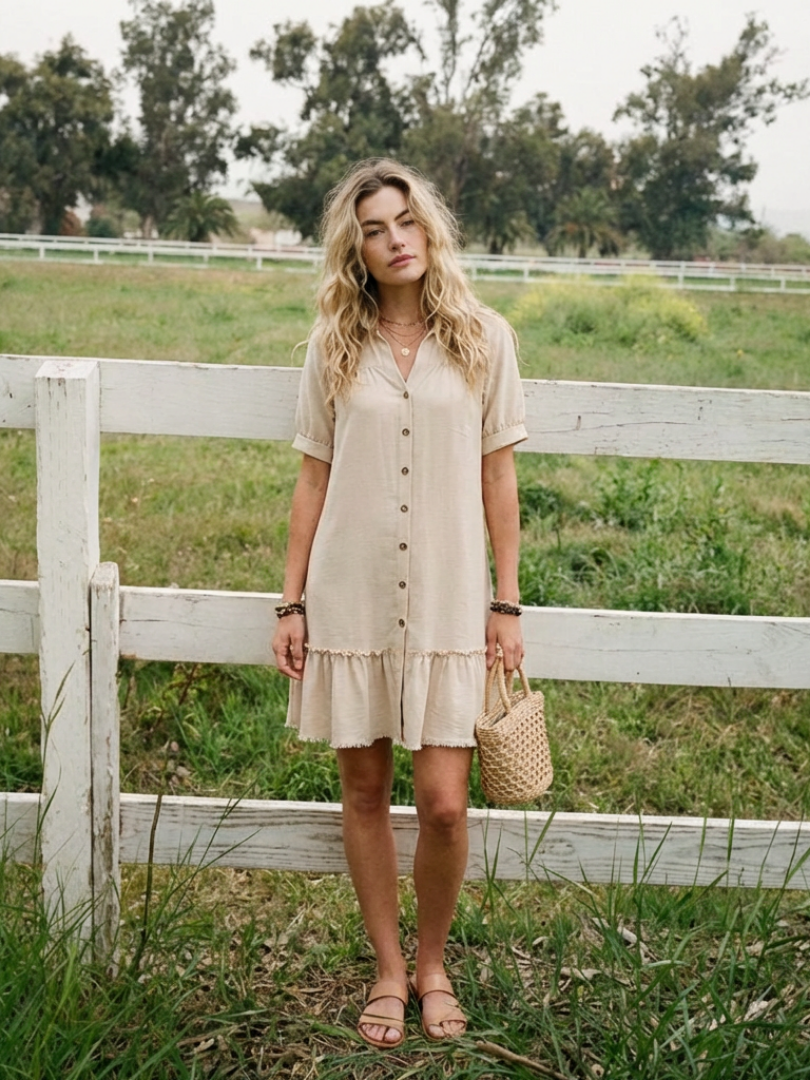 Marielle | Short Sleeve Button Front Ruffle Hem Dress