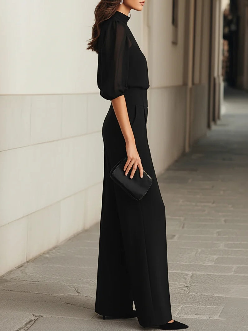 Nicole | Black Sheer Camisole Top and Wide-Leg Trousers Three-Piece Set
