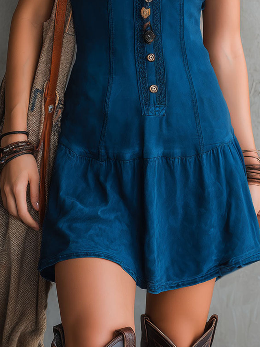 Bohemian indigo mini dress with a V-neck,