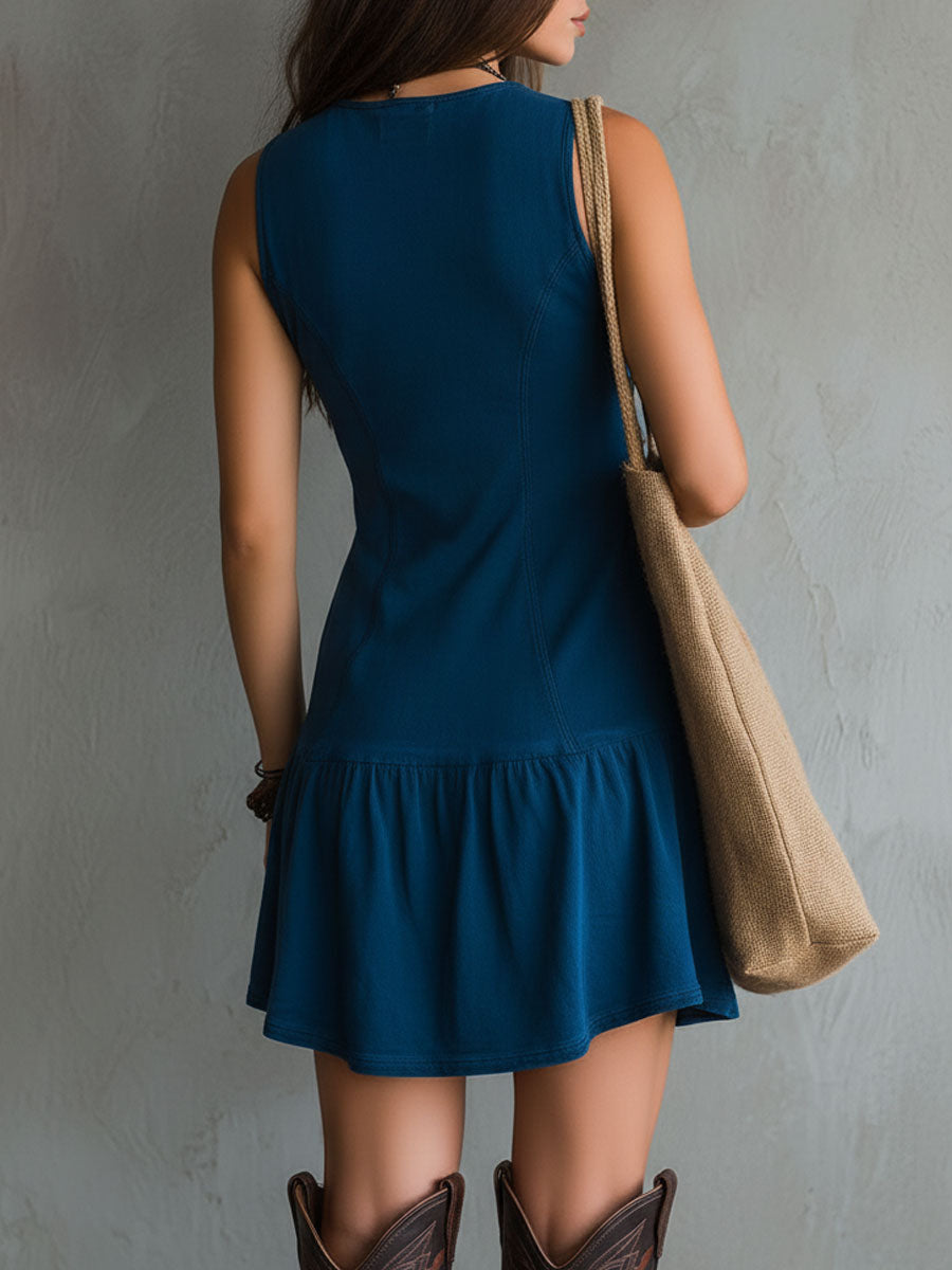Bohemian indigo mini dress with a V-neck,