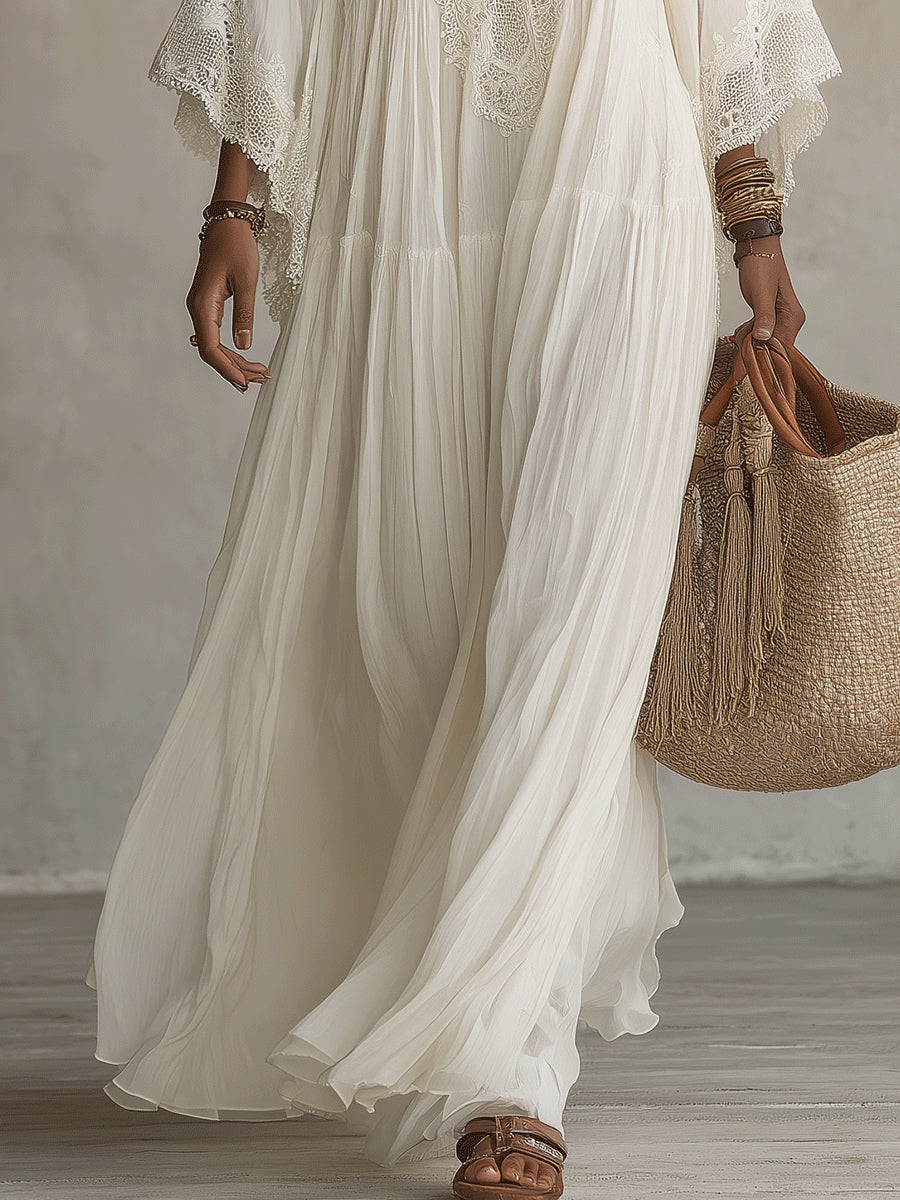 Colette | Long Ivory Chiffon and Lace Dress