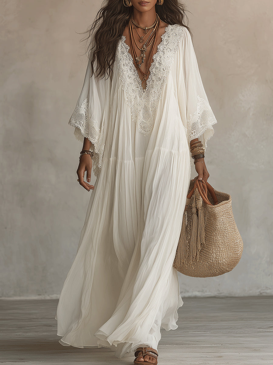 Colette | Long Ivory Chiffon and Lace Dress