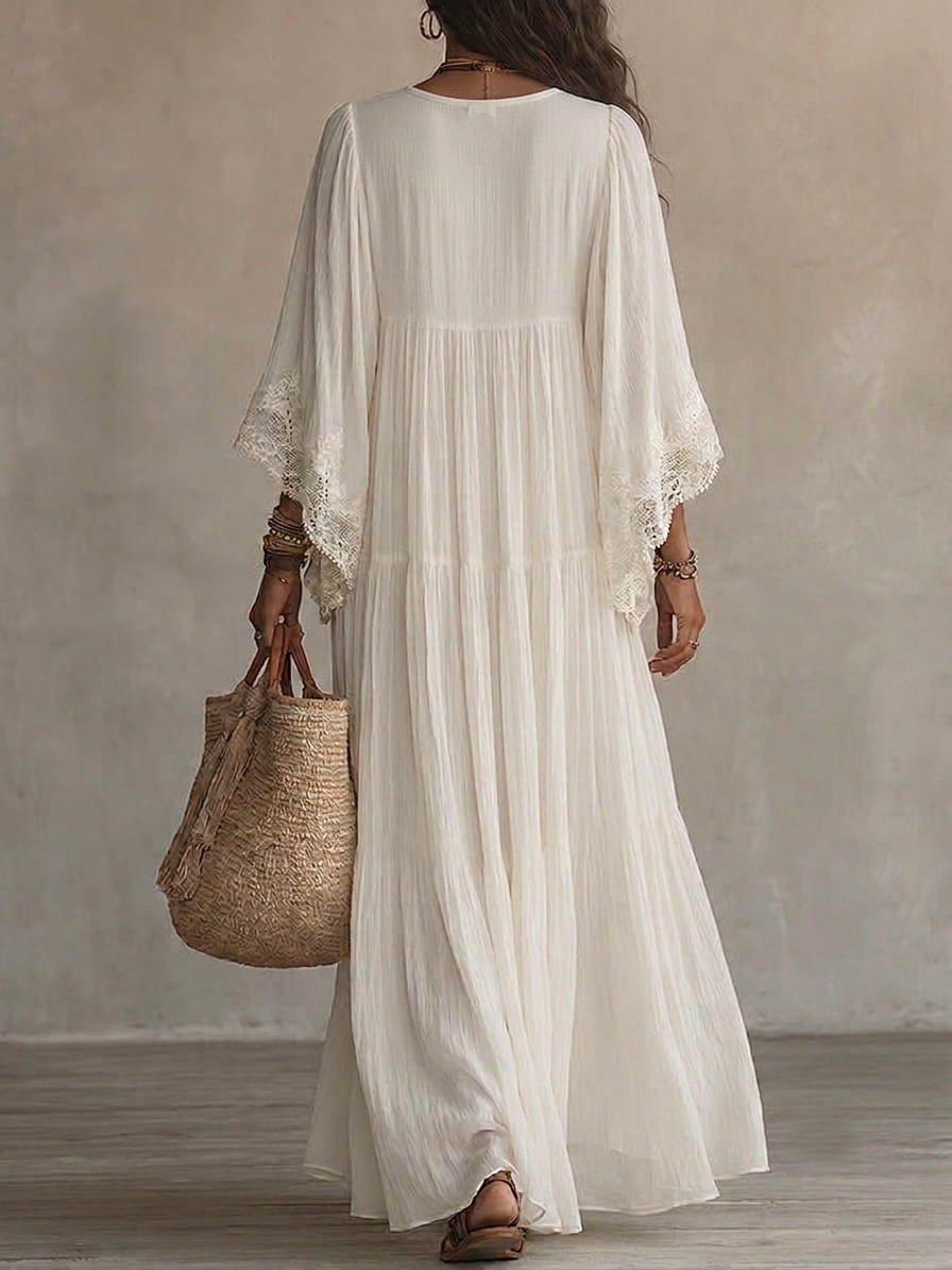 Colette | Long Ivory Chiffon and Lace Dress