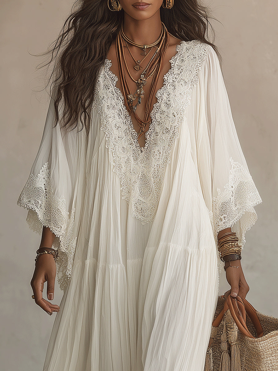 Colette | Long Ivory Chiffon and Lace Dress