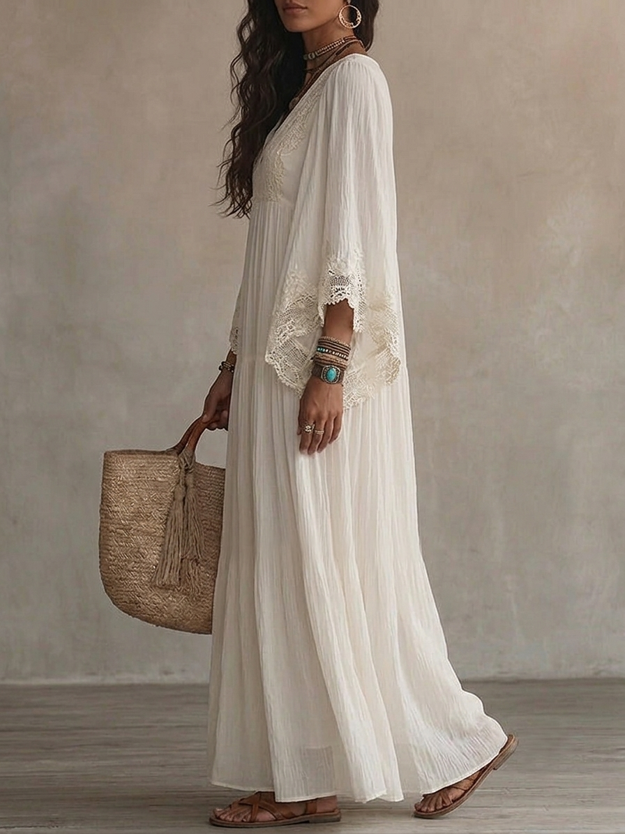 Colette | Long Ivory Chiffon and Lace Dress