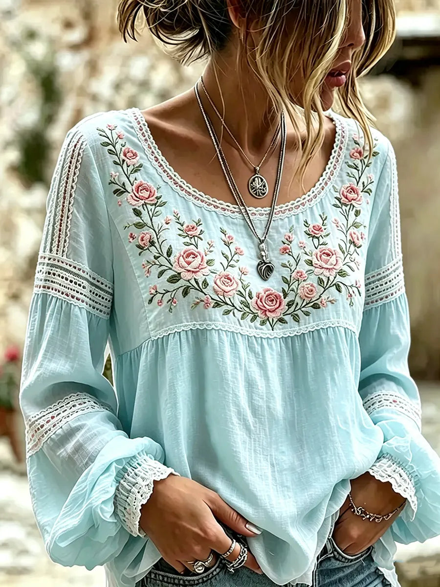 Mireille | Rose Embroidered Linen Blouse with Elegant Lace Details
