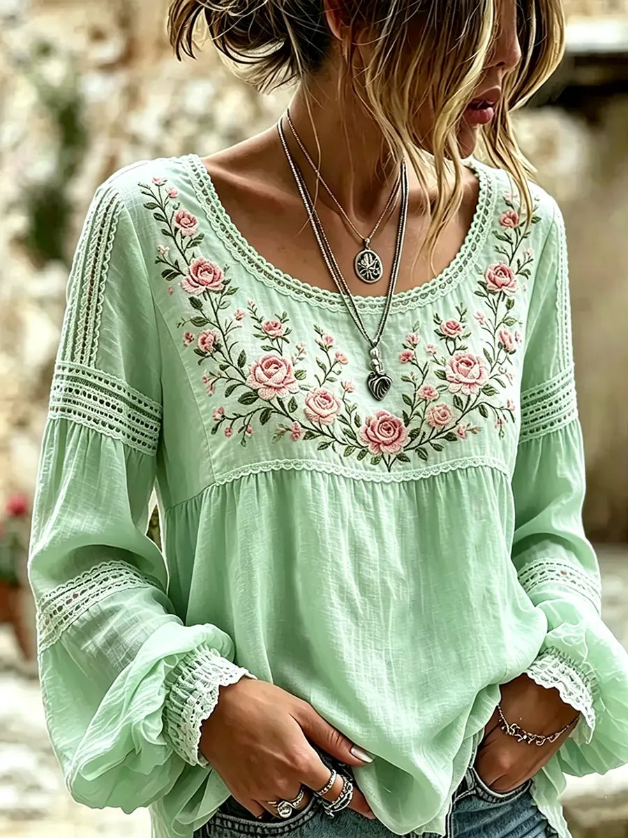 Mireille | Rose Embroidered Linen Blouse with Elegant Lace Details