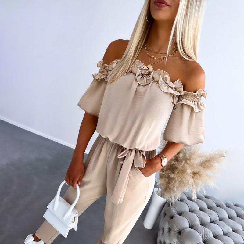 FERILI – Chic Off Shoulder Frill Tie-Waist Jumpsuit