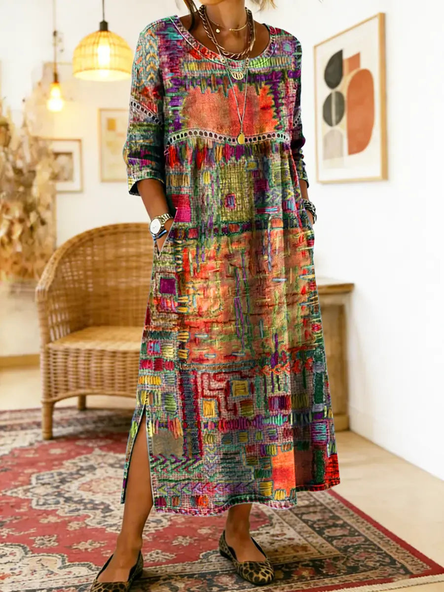 Isabelle | Denim dress with ethnic patchwork