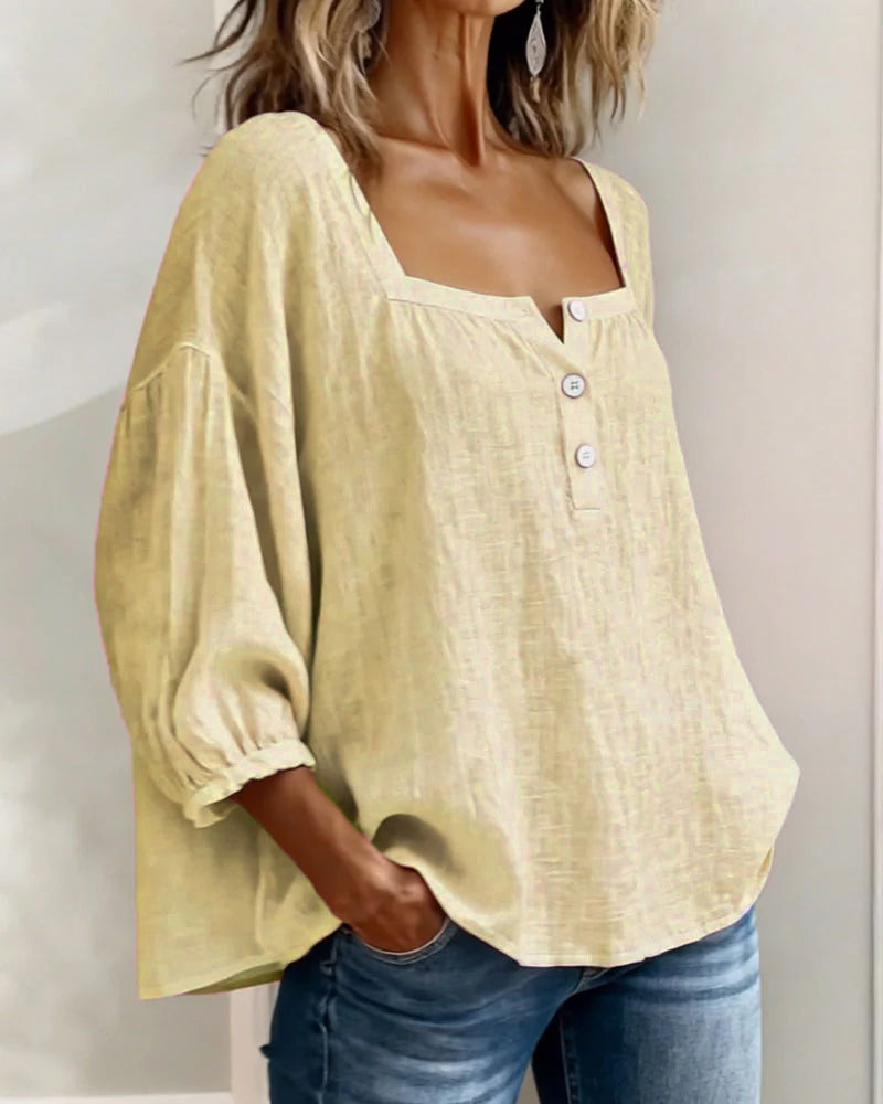 Fiona | Women's Square Neck Blouse 3/4 Puff Sleeve Button Top