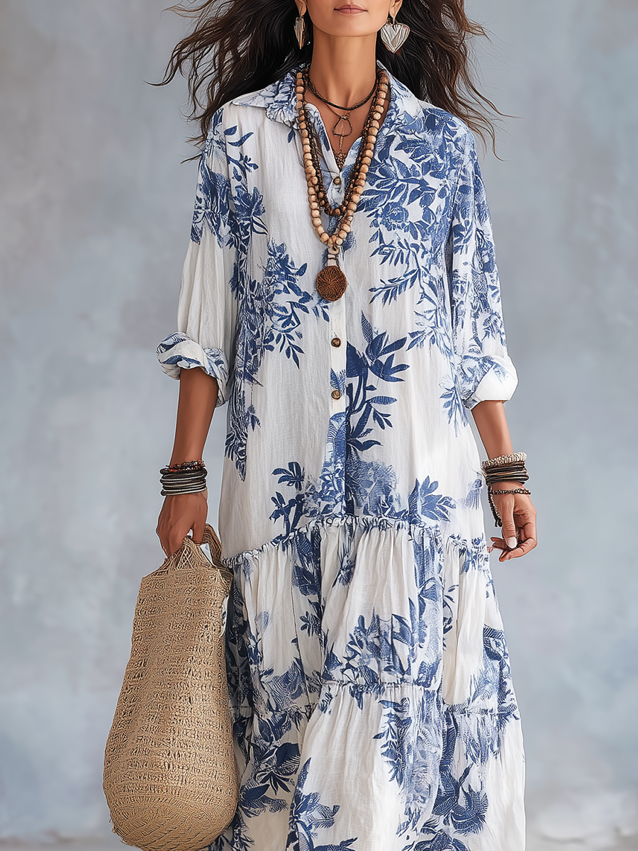 Faye | Blue Floral Button-Down Maxi Dress