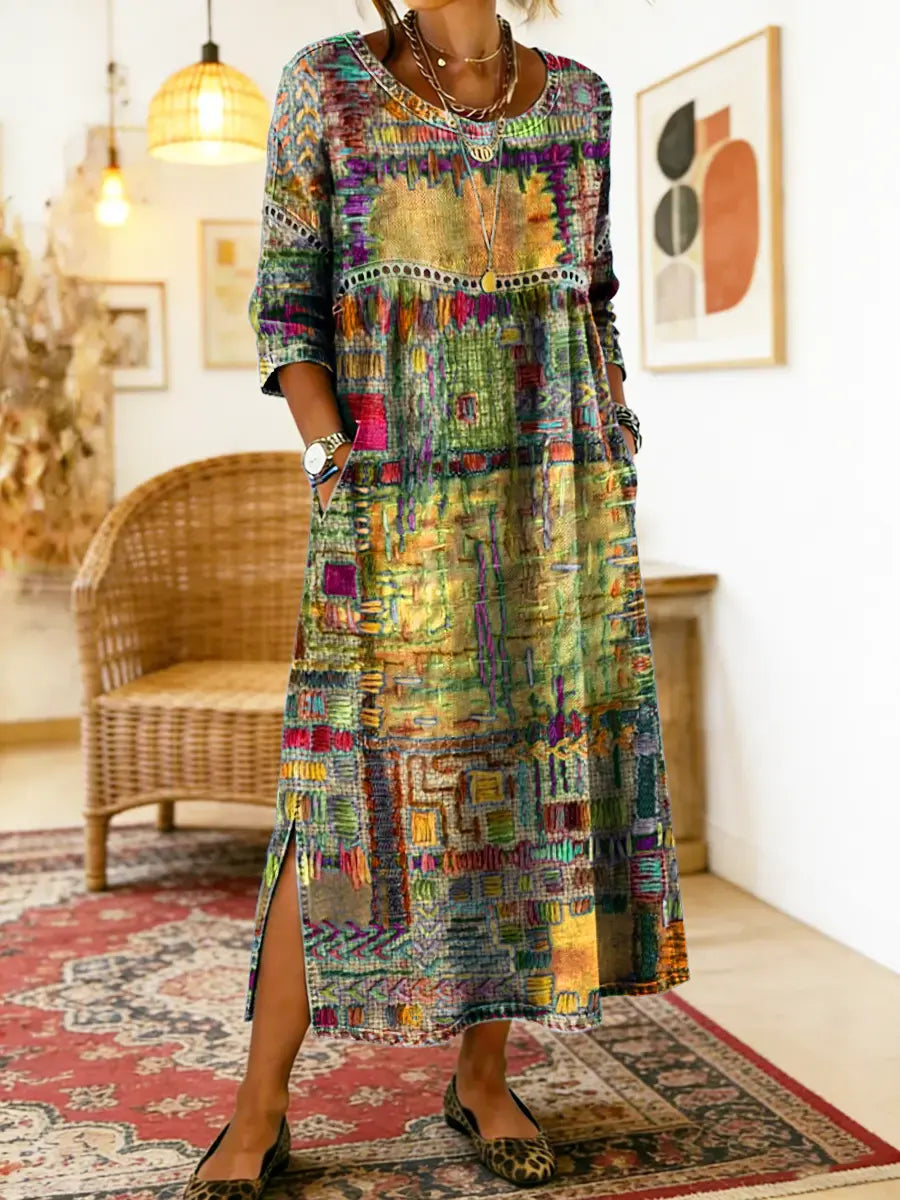 Isabelle | Denim dress with ethnic patchwork