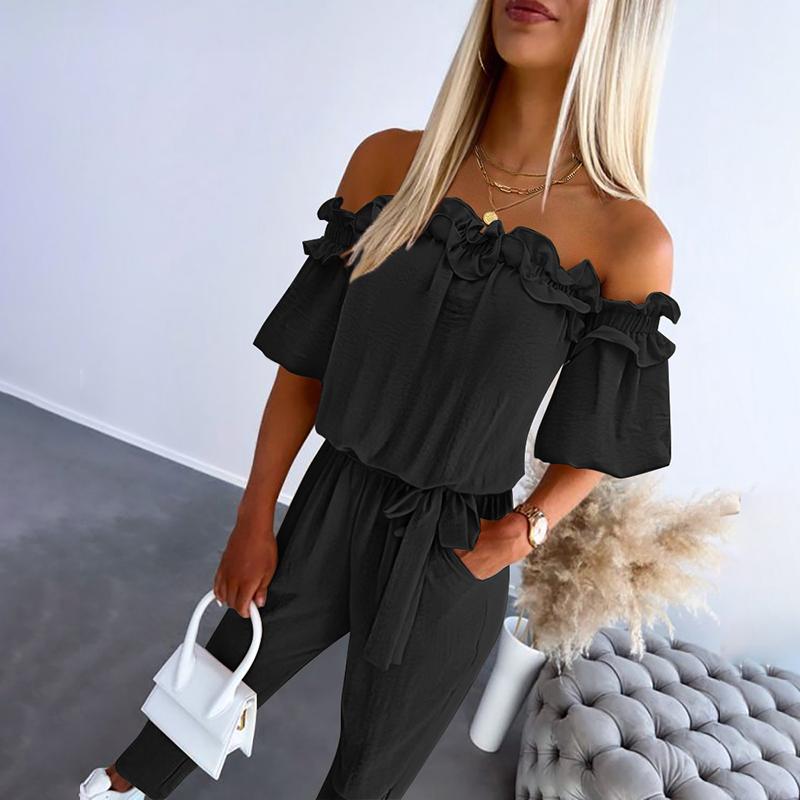 FERILI – Chic Off Shoulder Frill Tie-Waist Jumpsuit