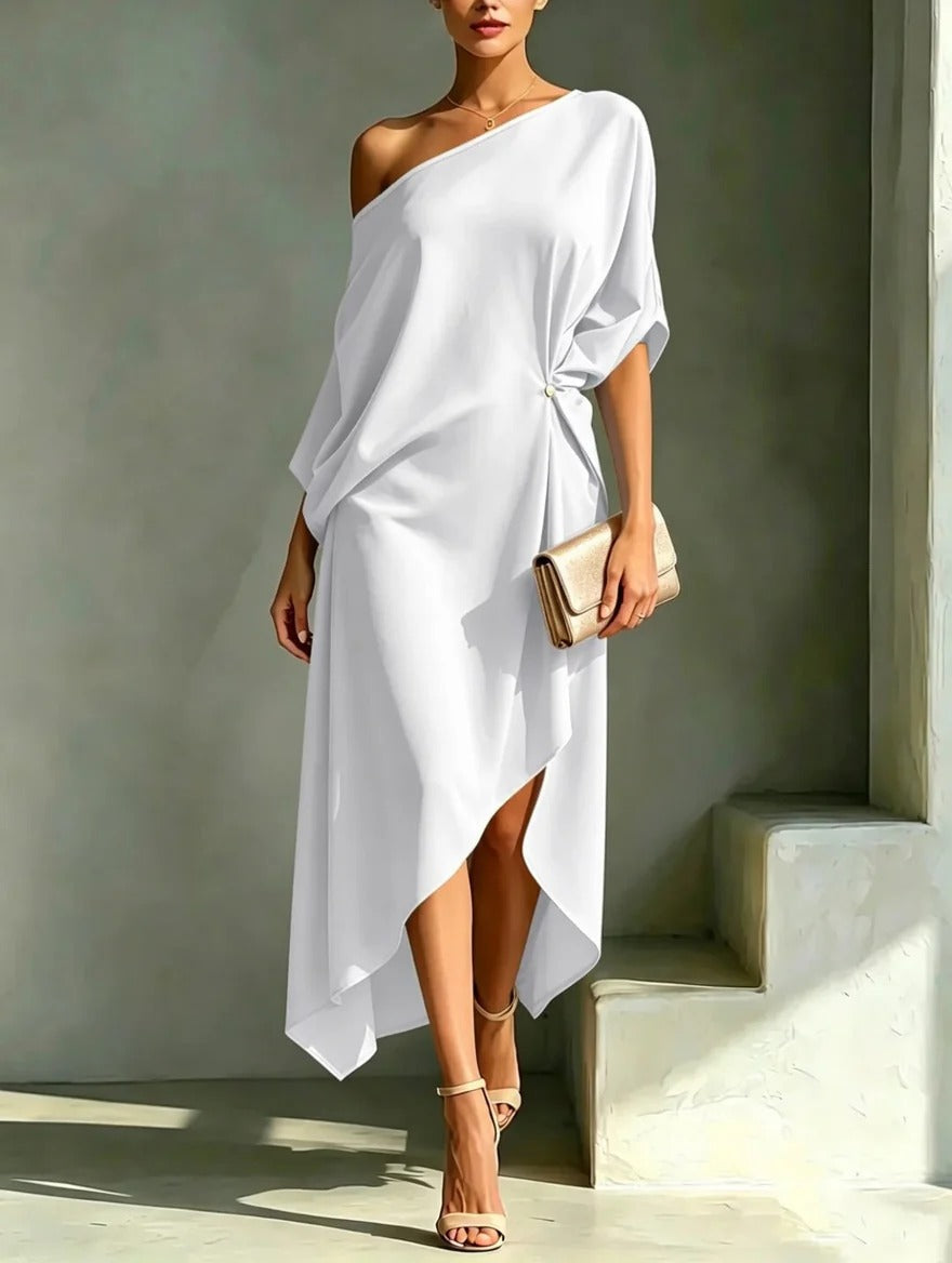 Camila | Elegant One-Shoulder Draped Midi Dress