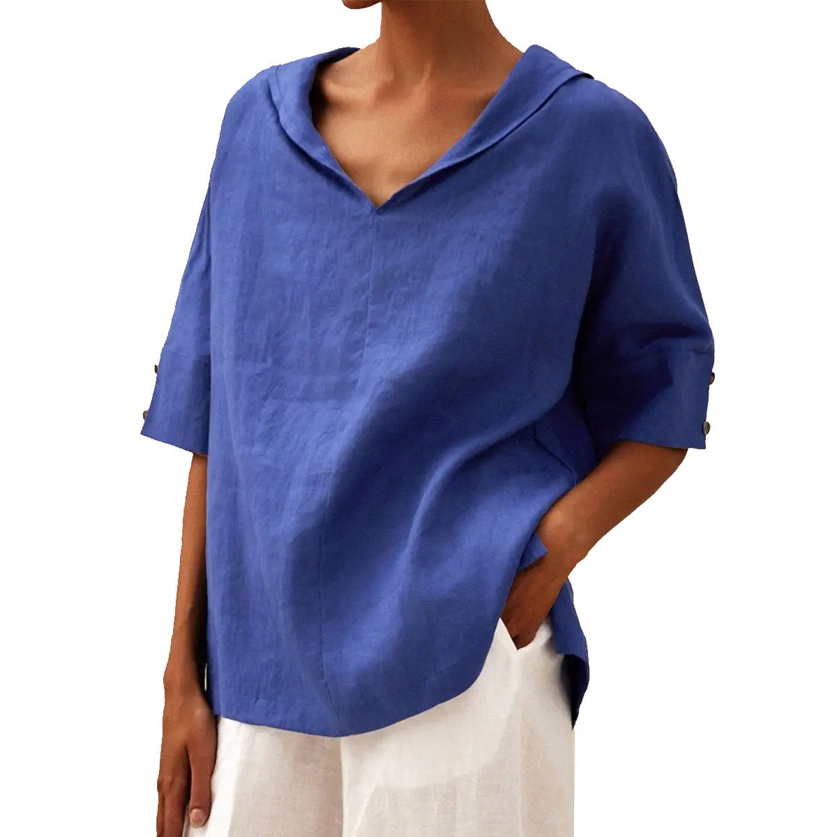 The classic linen blouse with a V-neck