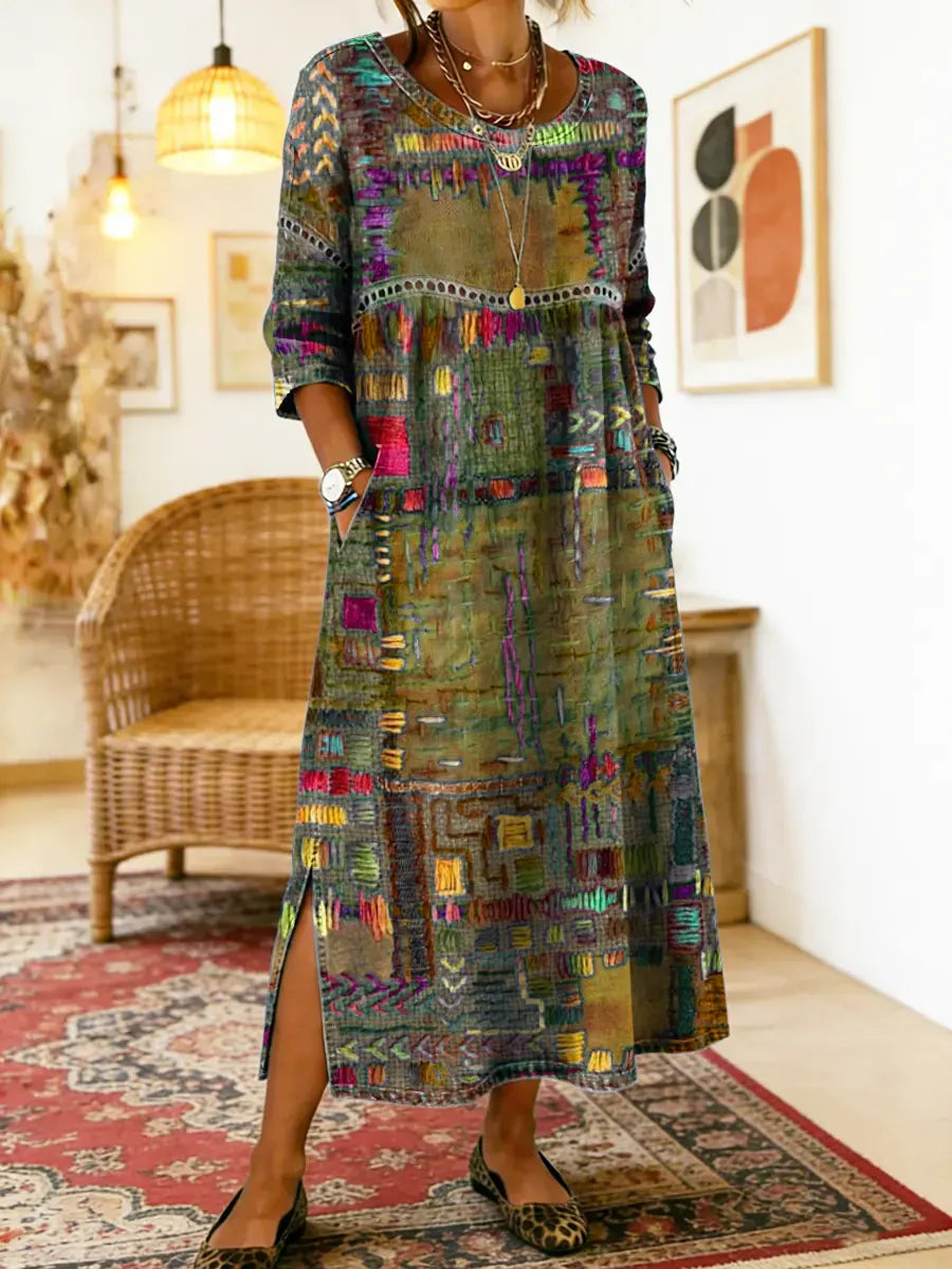 Isabelle | Denim dress with ethnic patchwork