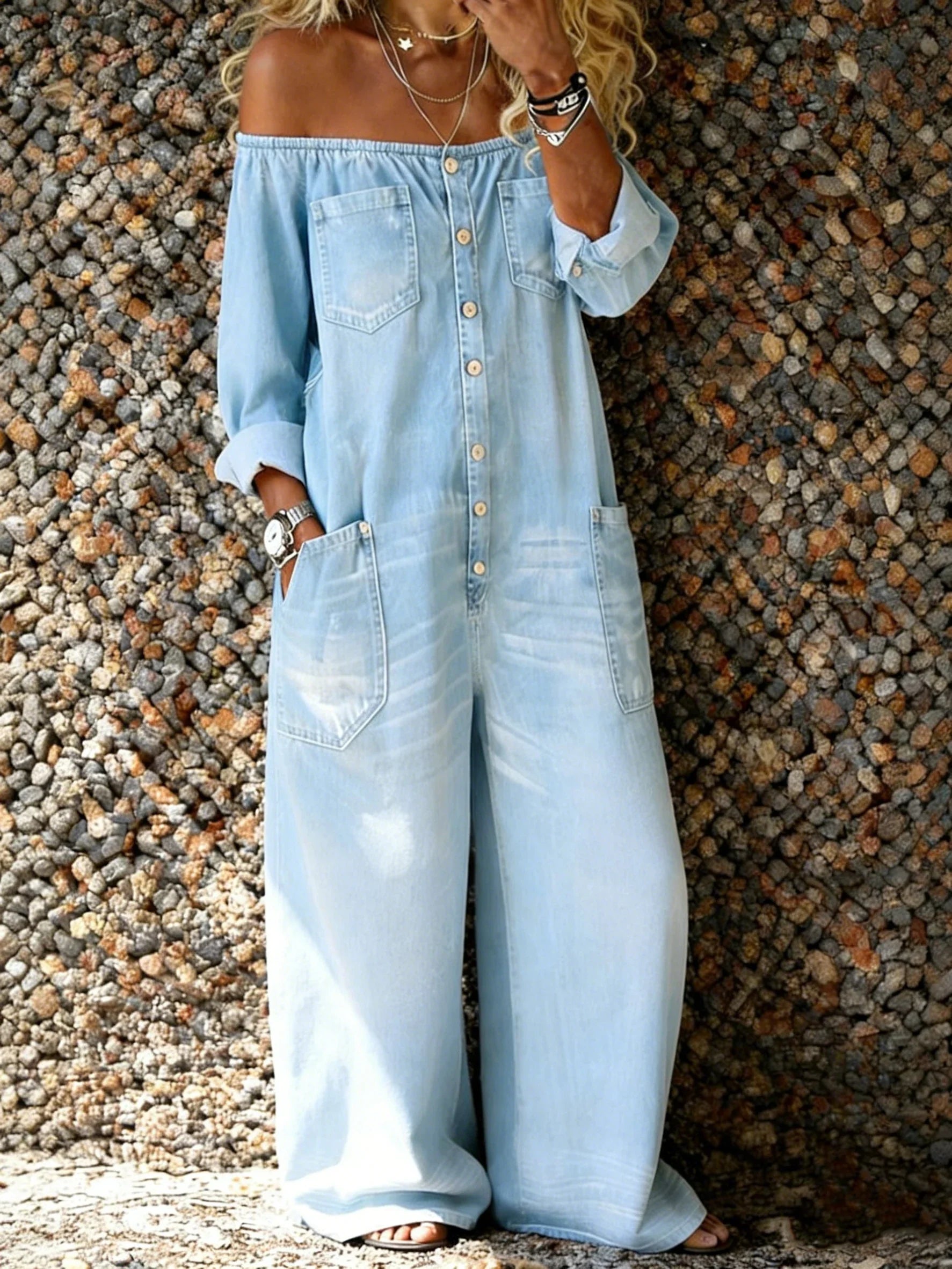 Noa | Denim Jumpsuit with Off-the-Shoulder Neckline
