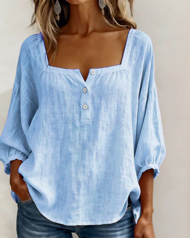 Fiona | Women's Square Neck Blouse 3/4 Puff Sleeve Button Top