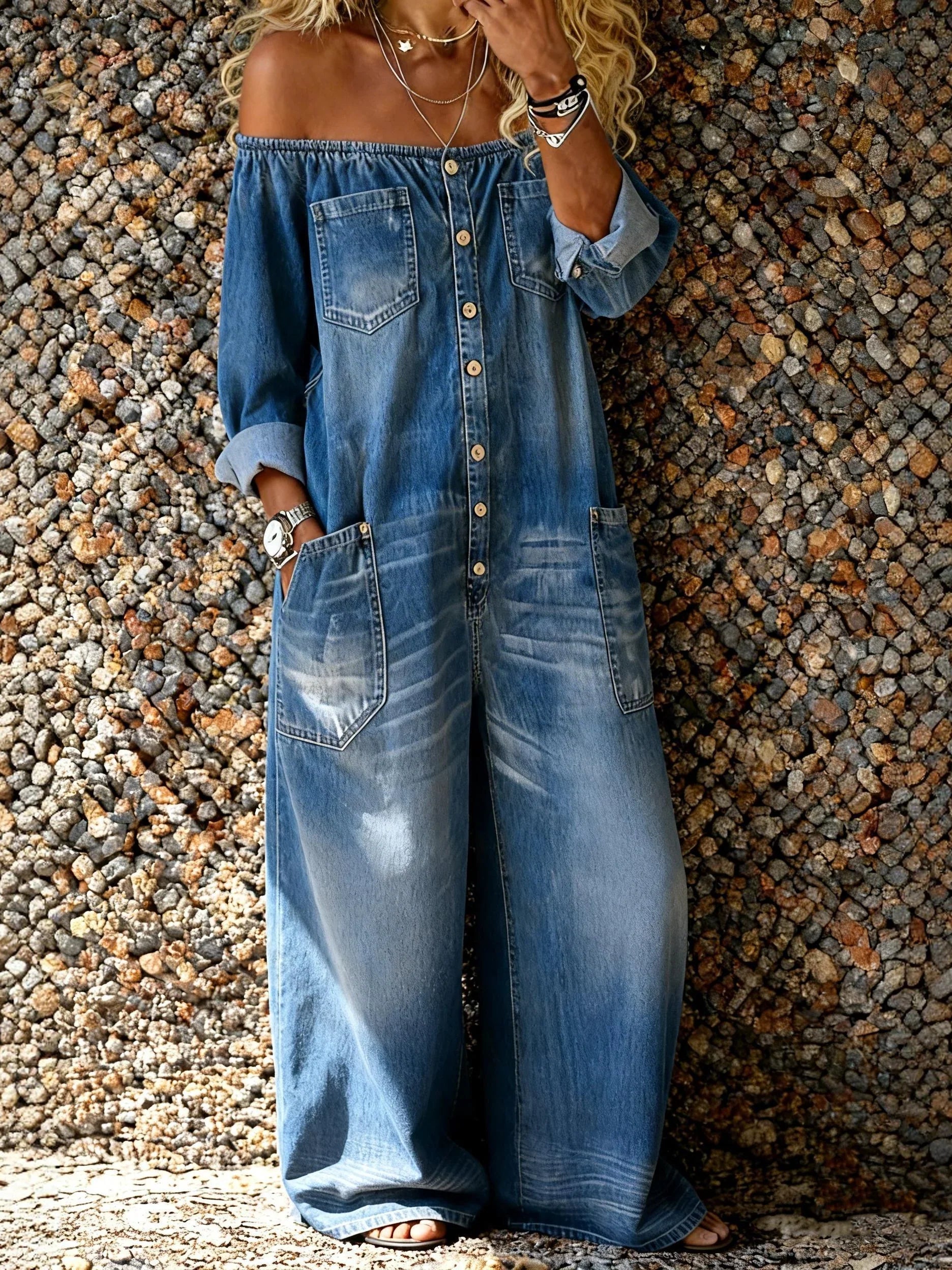 Noa | Denim Jumpsuit with Off-the-Shoulder Neckline