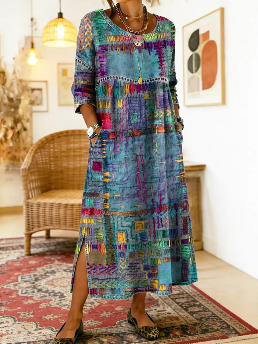 Isabelle | Denim dress with ethnic patchwork