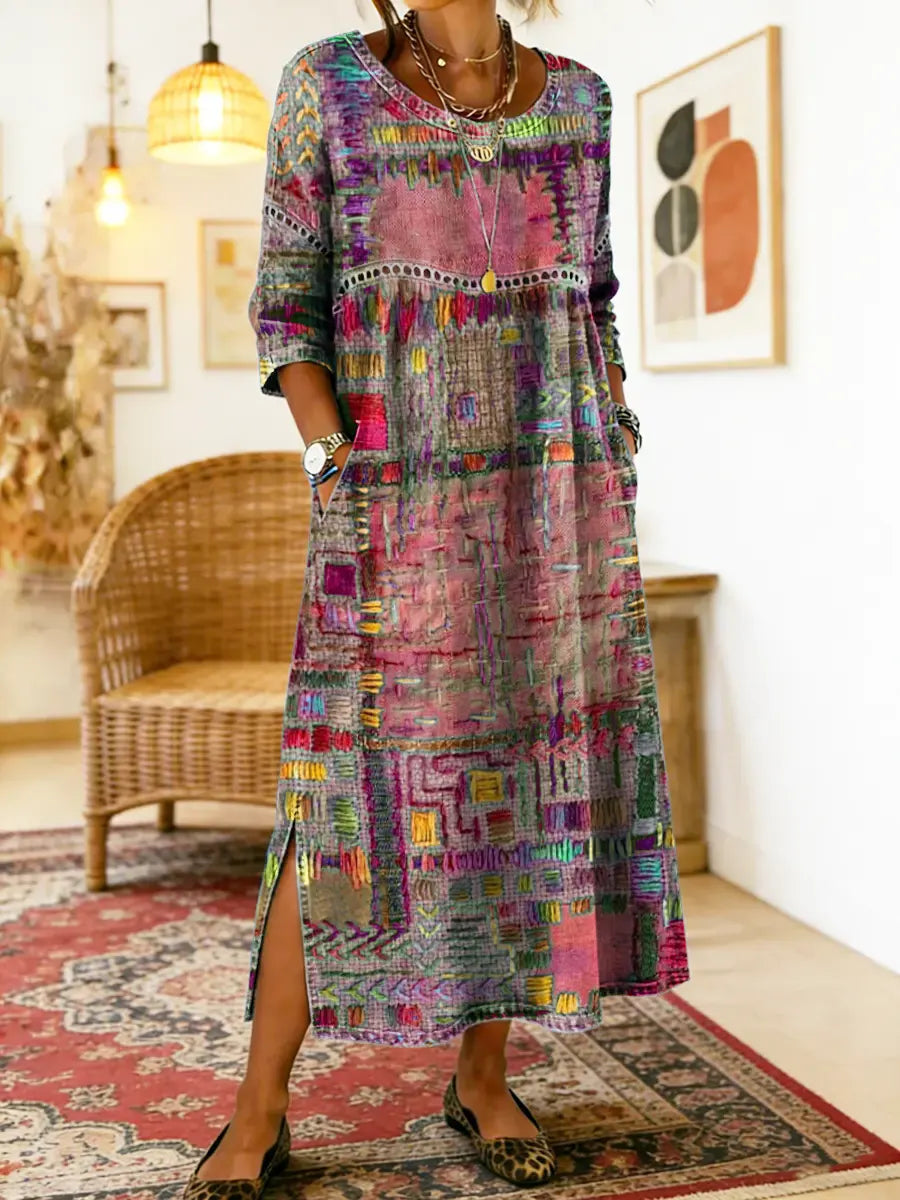 Isabelle | Denim dress with ethnic patchwork