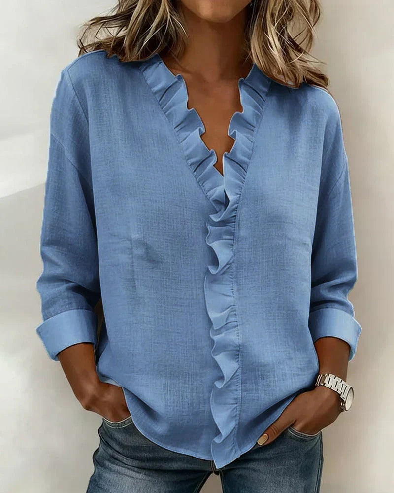 Indie | Blouse with Ruffles, V-Neck and Long Sleeves