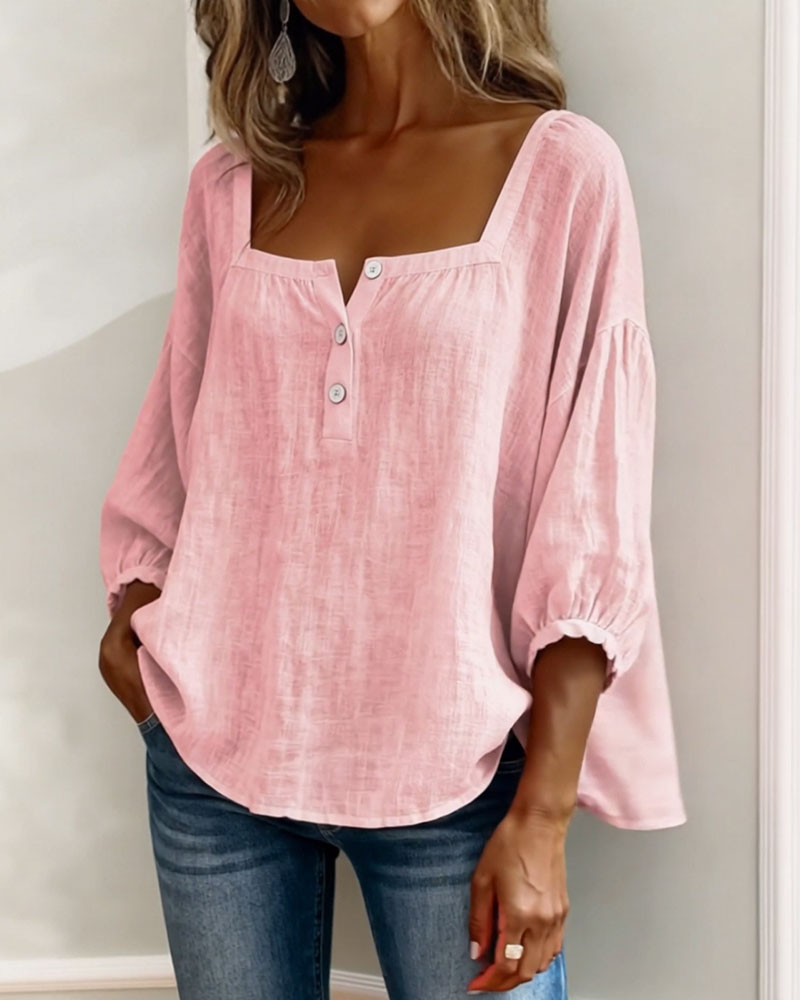 Fiona | Women's Square Neck Blouse 3/4 Puff Sleeve Button Top