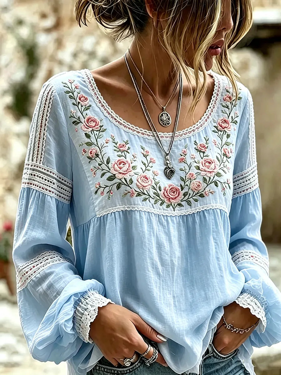 Mireille | Rose Embroidered Linen Blouse with Elegant Lace Details