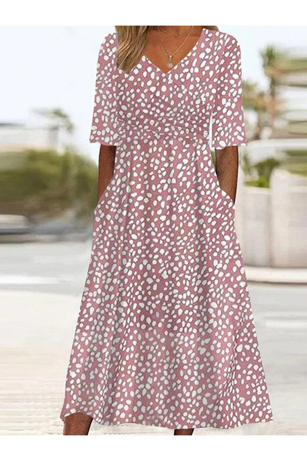 Pénélope | Irregular Polka Dot Midi Dress with Cinched Waist & Elegant V-Neck
