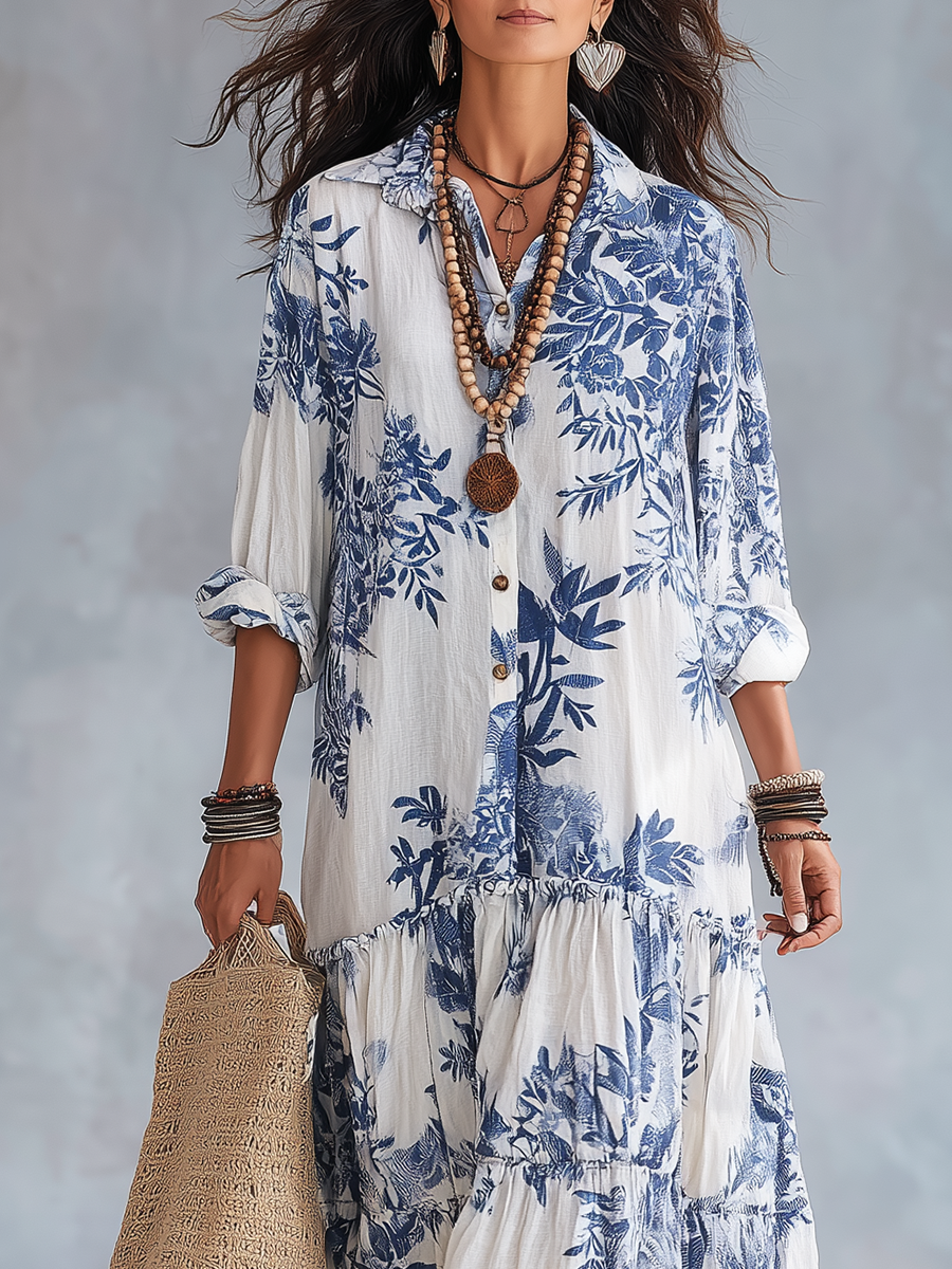 Faye | Blue Floral Button-Down Maxi Dress