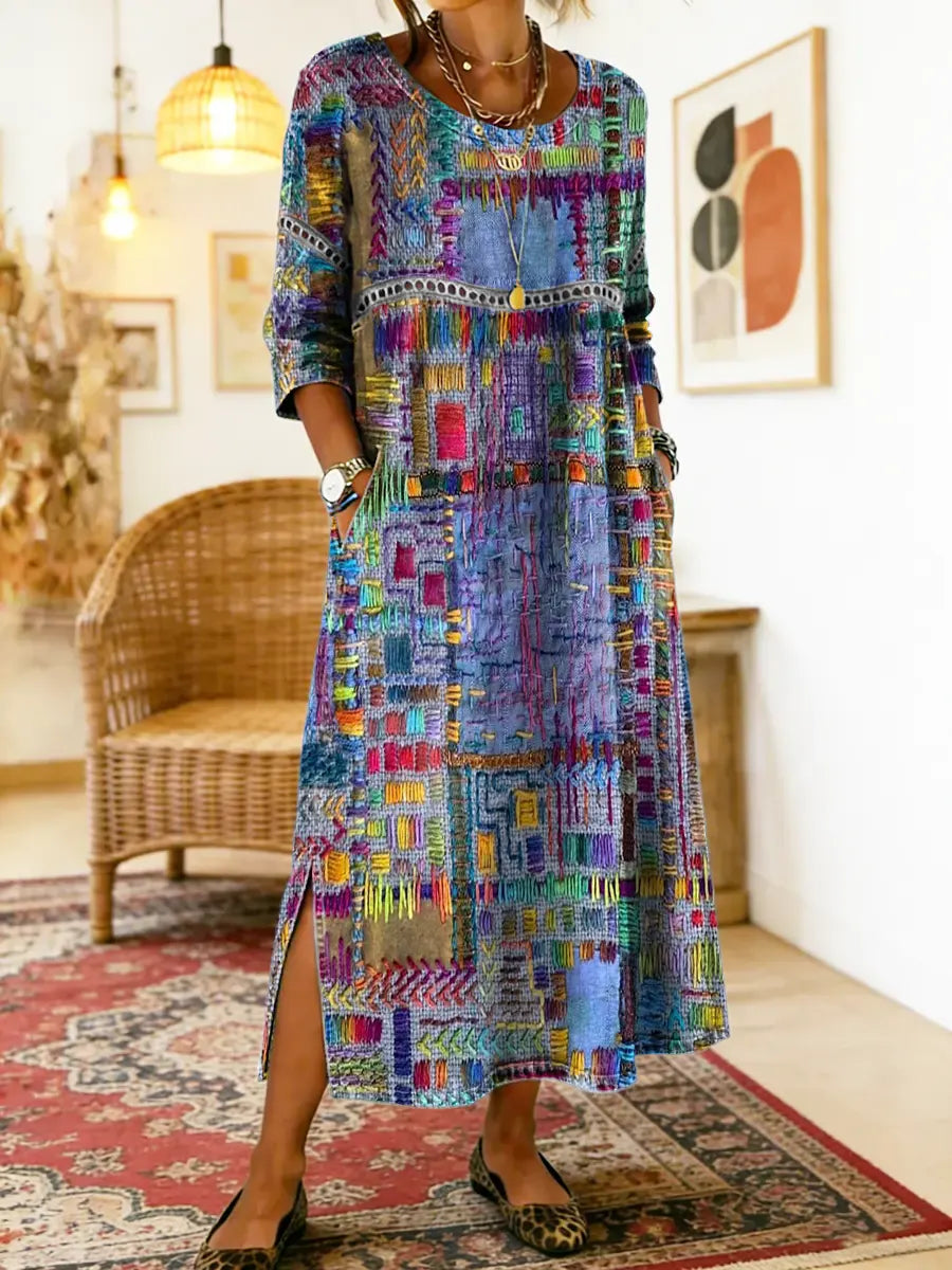 Isabelle | Denim dress with ethnic patchwork