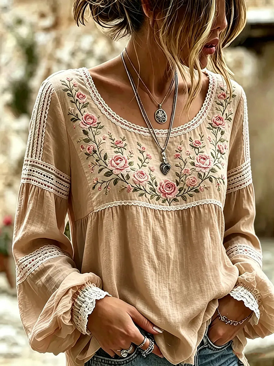 Mireille | Rose Embroidered Linen Blouse with Elegant Lace Details