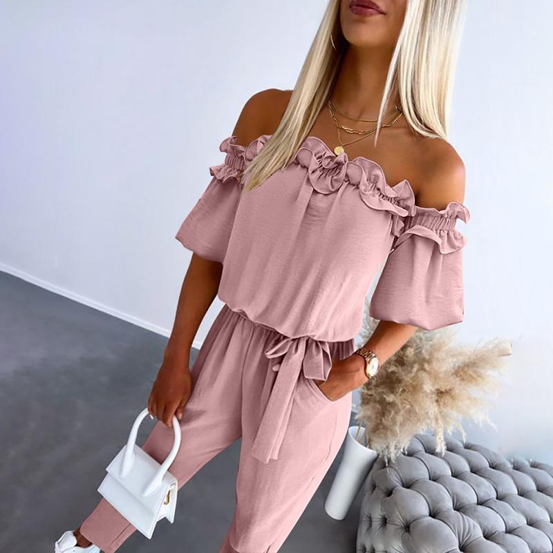 FERILI – Chic Off Shoulder Frill Tie-Waist Jumpsuit