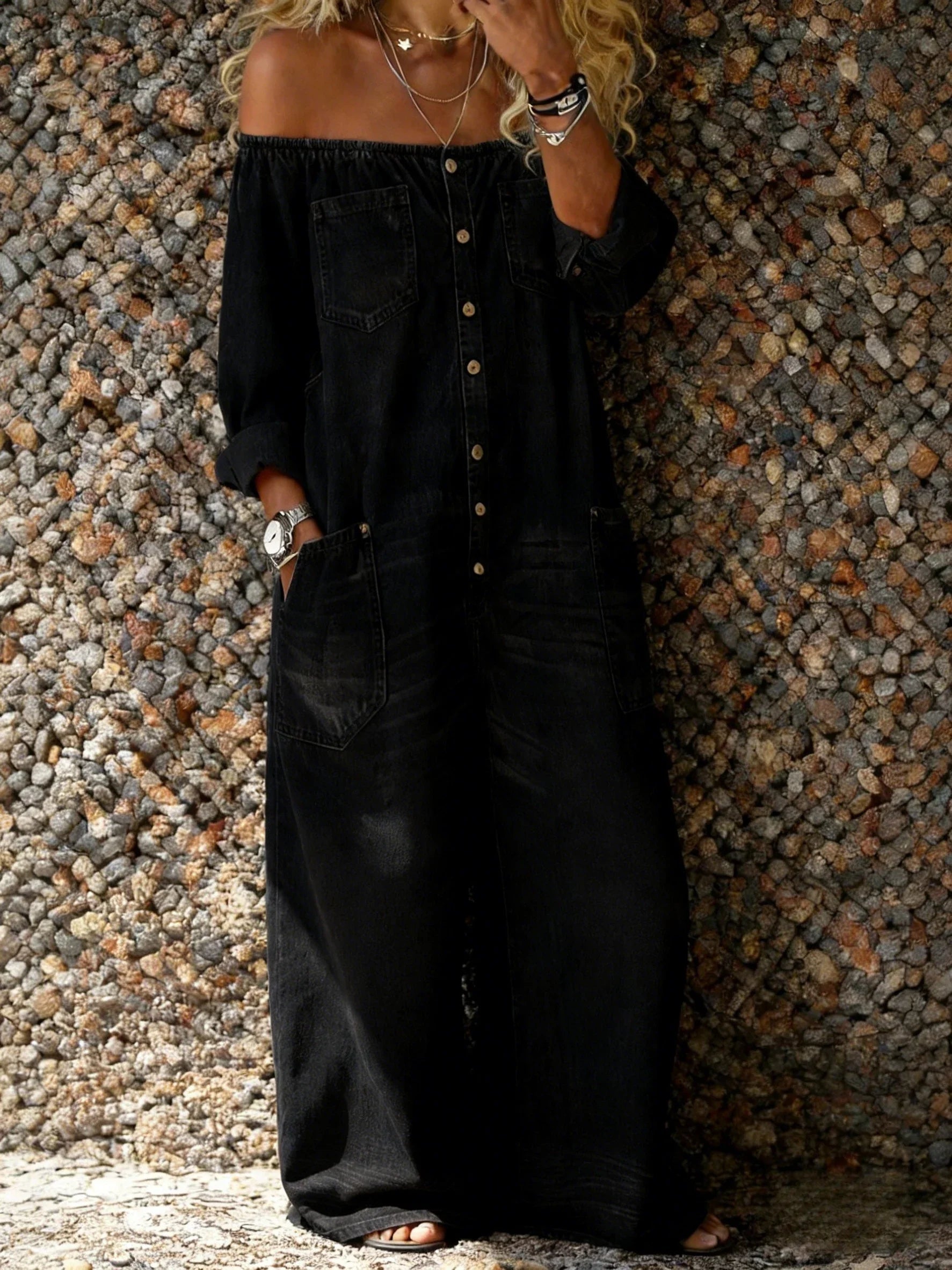 Noa | Denim Jumpsuit with Off-the-Shoulder Neckline