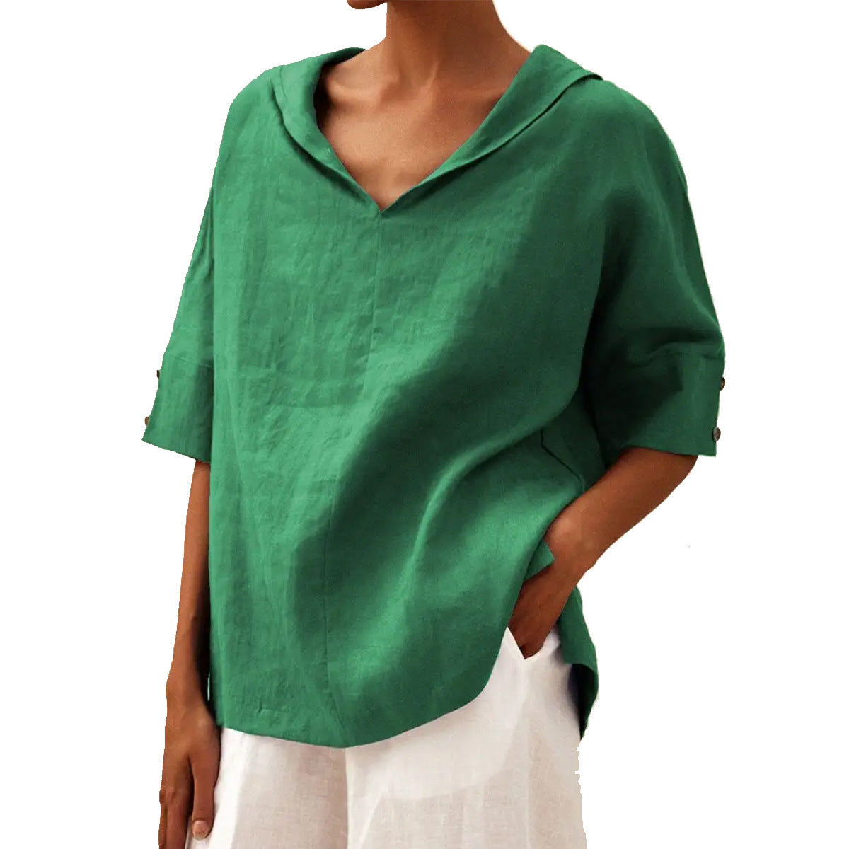 The classic linen blouse with a V-neck