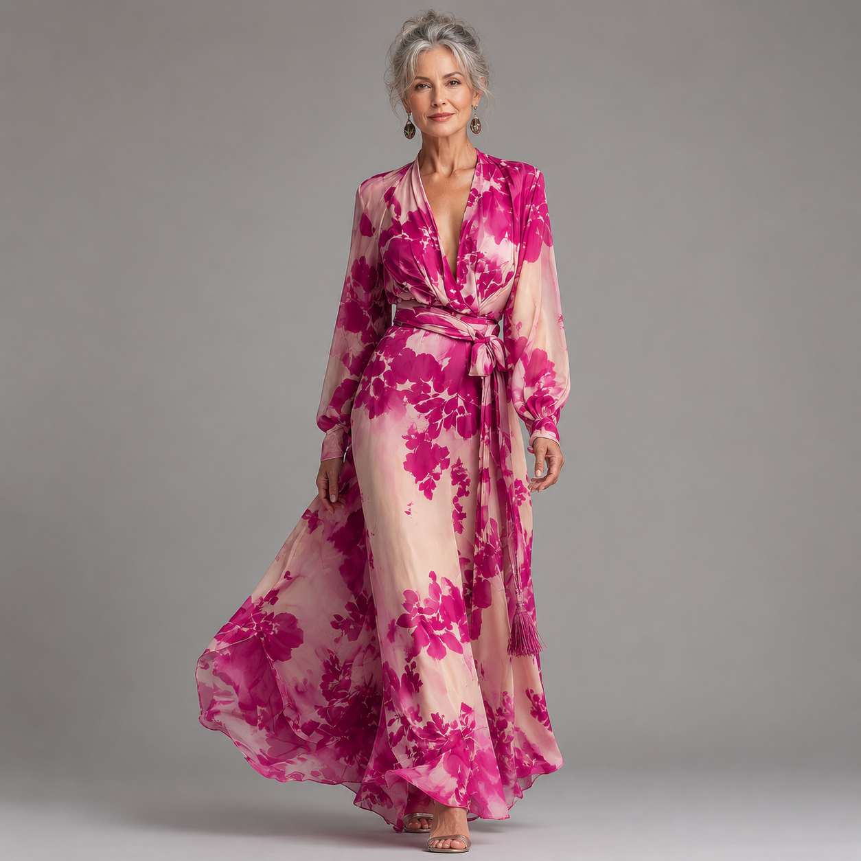 Juliesse | Rose Floral V-Neck Wrap Belted Maxi Dress