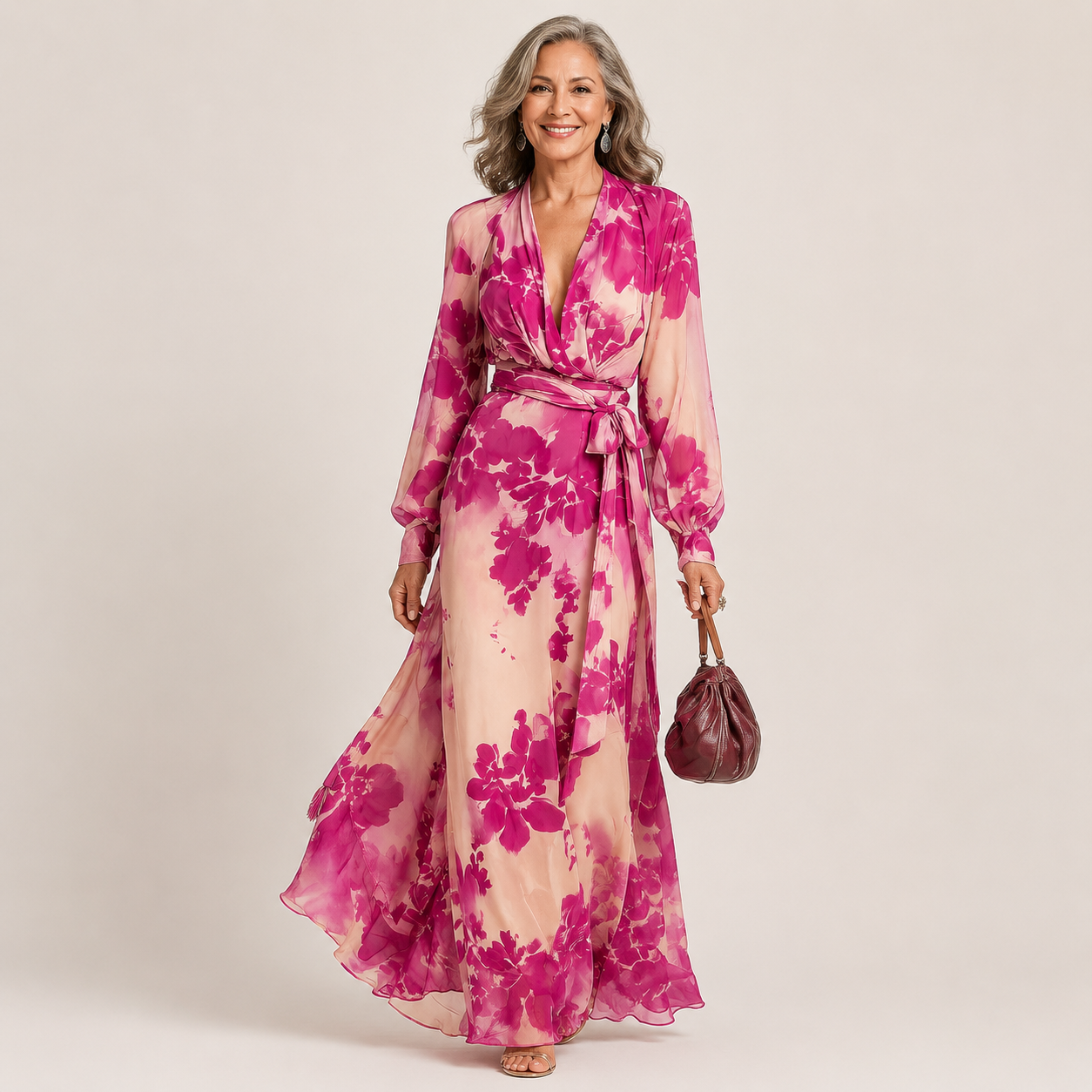 Juliesse | Rose Floral V-Neck Wrap Belted Maxi Dress