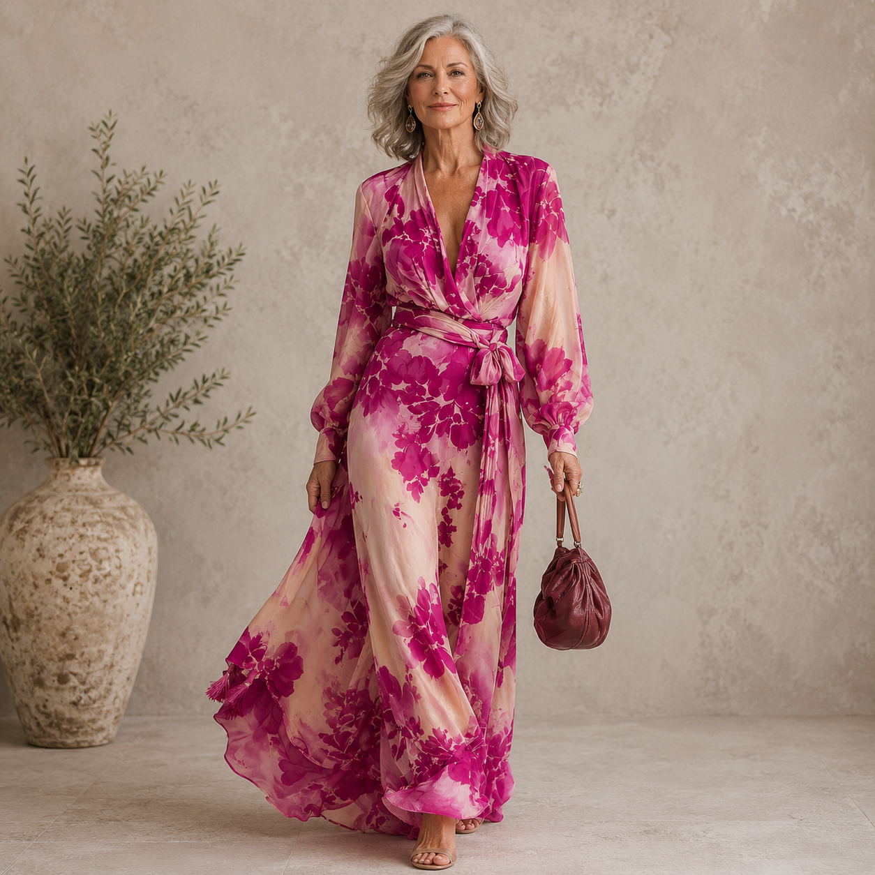 Juliesse | Rose Floral V-Neck Wrap Belted Maxi Dress