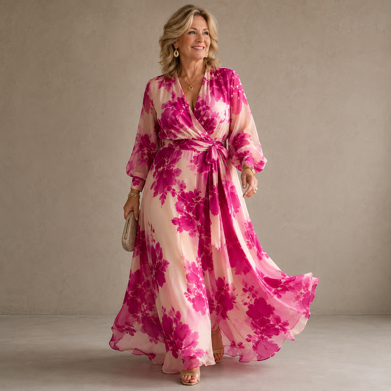 Juliesse | Rose Floral V-Neck Wrap Belted Maxi Dress
