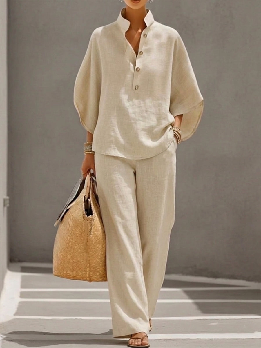 Mariel | Cotton and linen outfit with batwing sleeves and wide-leg trousers