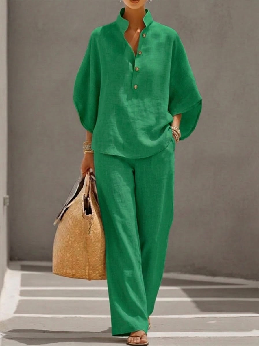 Mariel | Cotton and linen outfit with batwing sleeves and wide-leg trousers