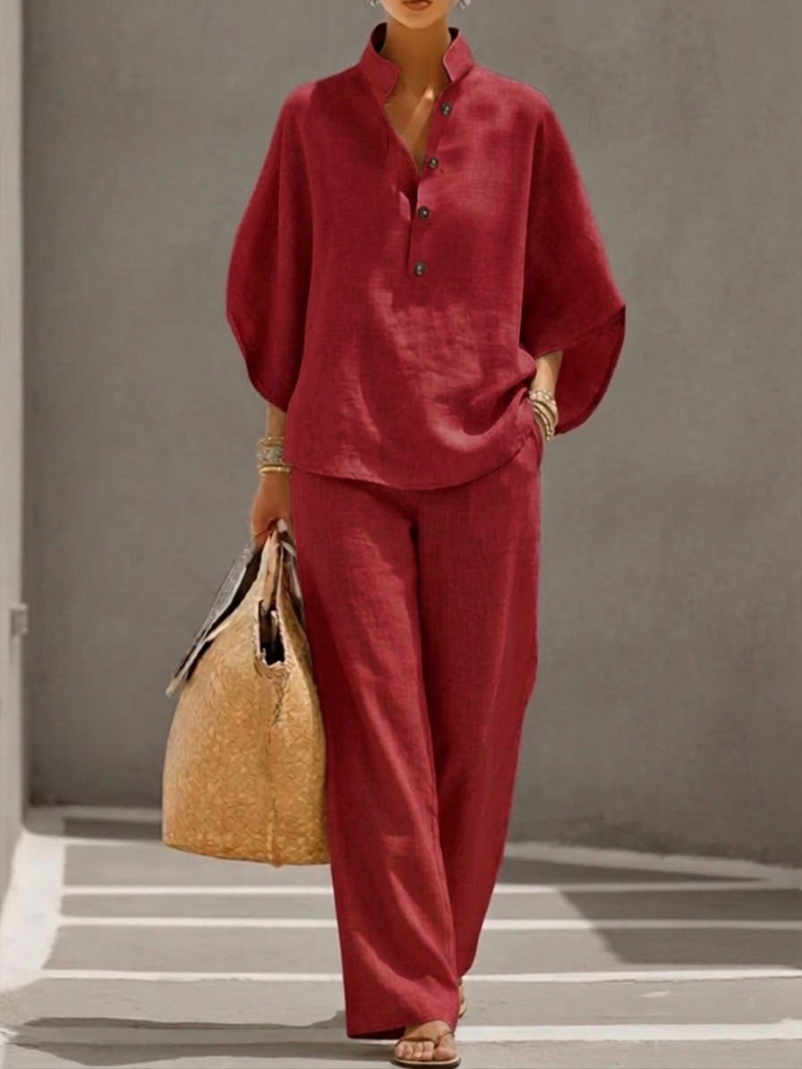 Mariel | Cotton and linen outfit with batwing sleeves and wide-leg trousers