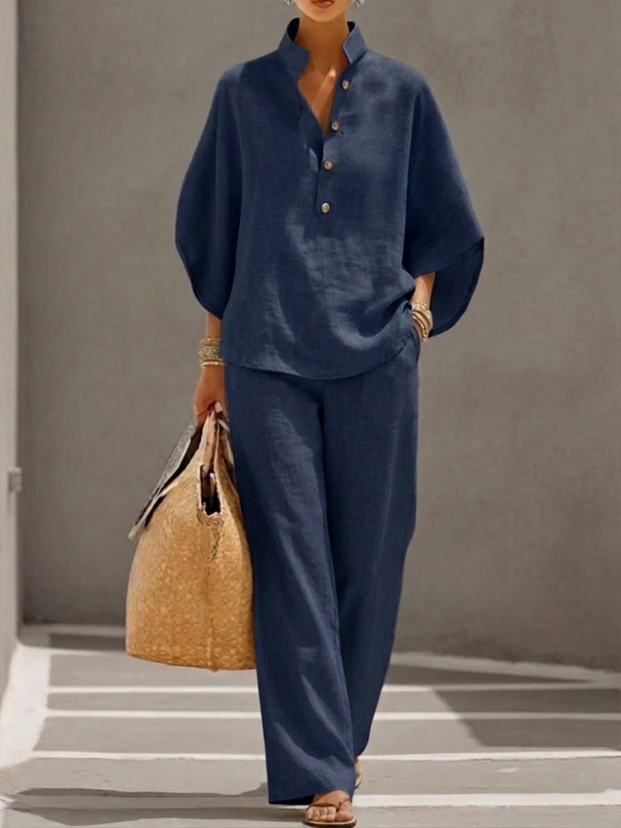 Mariel | Cotton and linen outfit with batwing sleeves and wide-leg trousers